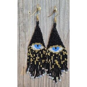 Handmade Beaded Earrings Drop / Dangle Geo Design Approx 4.5 in. Black